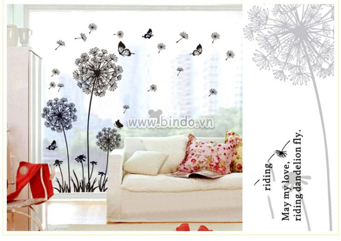 Decal dán tường Decal hoa bồ công anh đen 3 bông to và đàn bướm bay