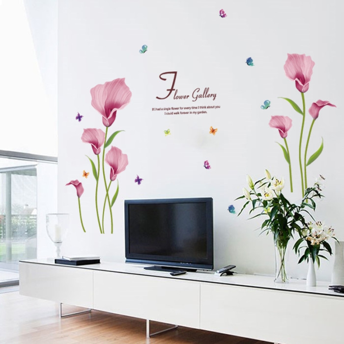 Decal dán tường Decal dán tường hoa tím và bướm, có sẵn keo dán 2 mặt, trang trí phòng khách tại TPHCM