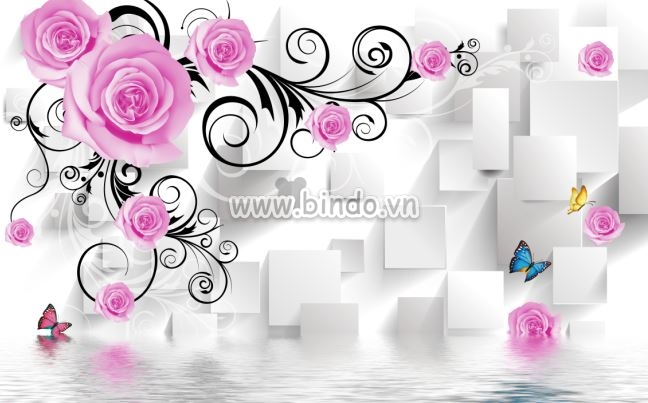 Tranh dán tường Hoa hồng 3D và đôi bướm