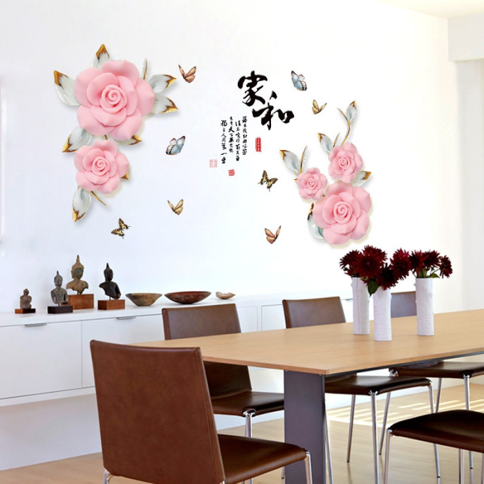 Decal hoa hồng đôi 3d và bướm, có sẵn keo, dán tường sau bàn ăn, phòng khách, phòng ngủ, khổ nhỏ 1,70 x 1,05 (m) (dài x rộng) tại TPHCM - 3