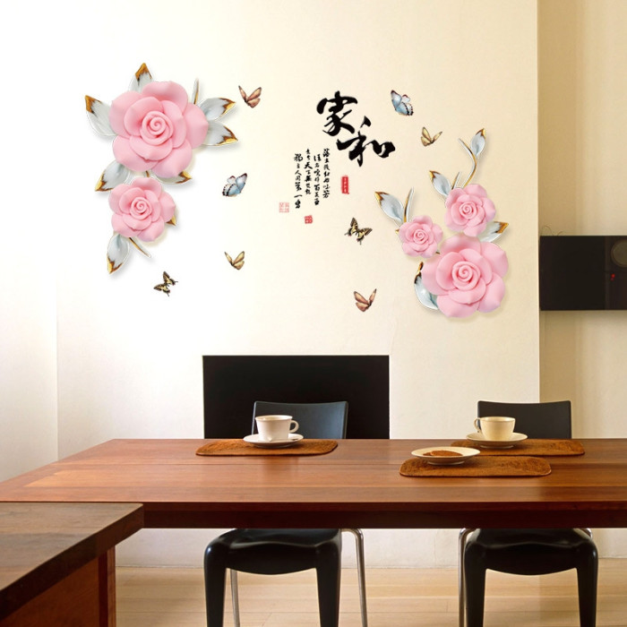 Decal dán tường Decal hoa hồng đôi 3d và bướm, có sẵn keo, dán tường sau bàn ăn, phòng khách, phòng ngủ, khổ nhỏ 1,70 x 1,05 (m) (dài x rộng) tại TPHCM