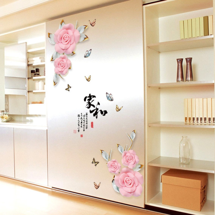 Decal hoa hồng đôi 3d và bướm, có sẵn keo, dán tường sau bàn ăn, phòng khách, phòng ngủ, khổ nhỏ 1,70 x 1,05 (m) (dài x rộng) tại TPHCM - 2