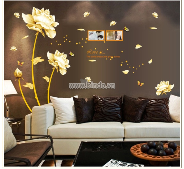 Decal dán tường hoa sen vàng, chi tiết rời, dán tường sau tivi, TPHCM  - 1