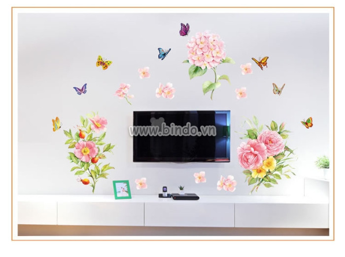 Decal dán tường hoa hồng và bướm, dán 2 mặt có sẵn keo, trang trí phòng khách, độc đáo TPHCM - 1