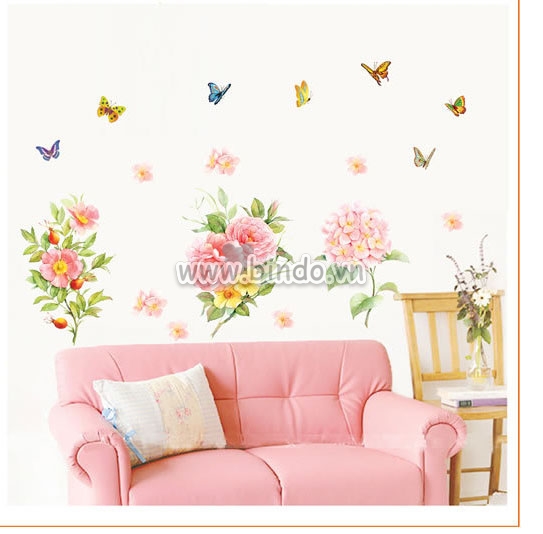 Decal dán tường Decal dán tường hoa hồng và bướm, dán 2 mặt có sẵn keo, trang trí phòng khách, độc đáo TPHCM