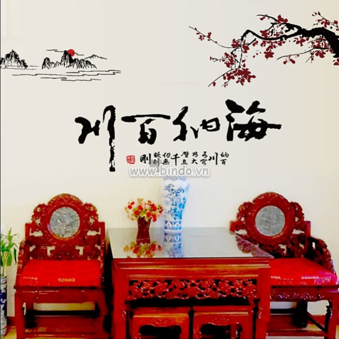 Decal dán tường Decal hoa và núi phong cách cổ điển dán tường kính đẹp