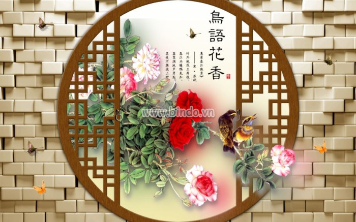 Tranh Khung cửa hoa hồng và chim én