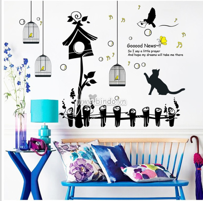 Decal dán tường Decal dán tường mèo chim ca hát, có sẵn keo, trang trí quán trà sữa, giá rẻ tại TPHCM
