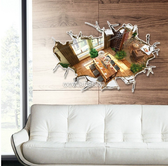 Decal dán tường Decal 3D nhìn từ trên cao vào phòng khách tạo chiều sâu