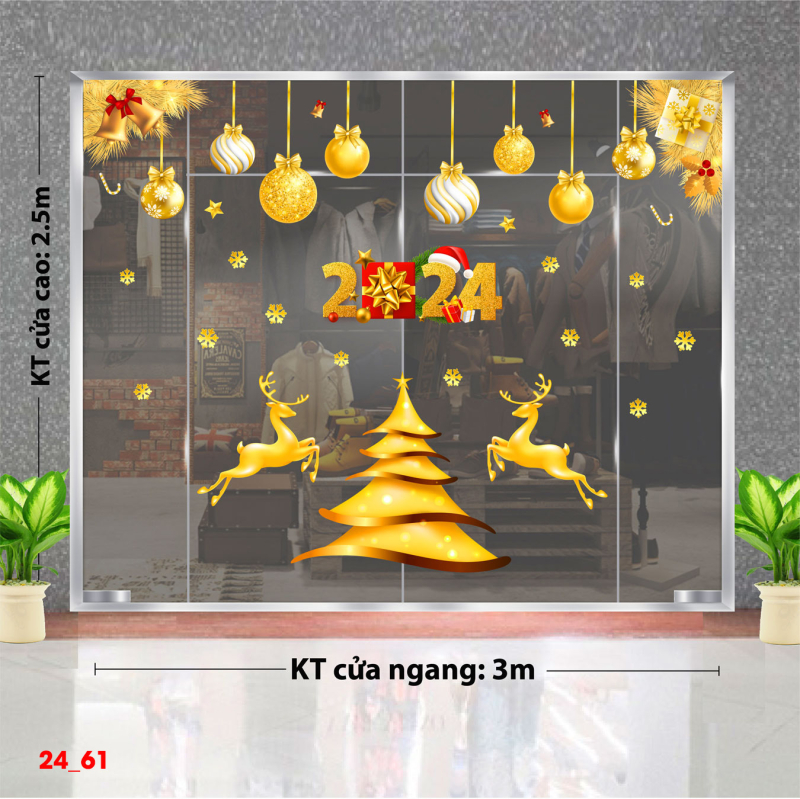 Decal dán tường Noel - cây thông vàng và lá thông vàng