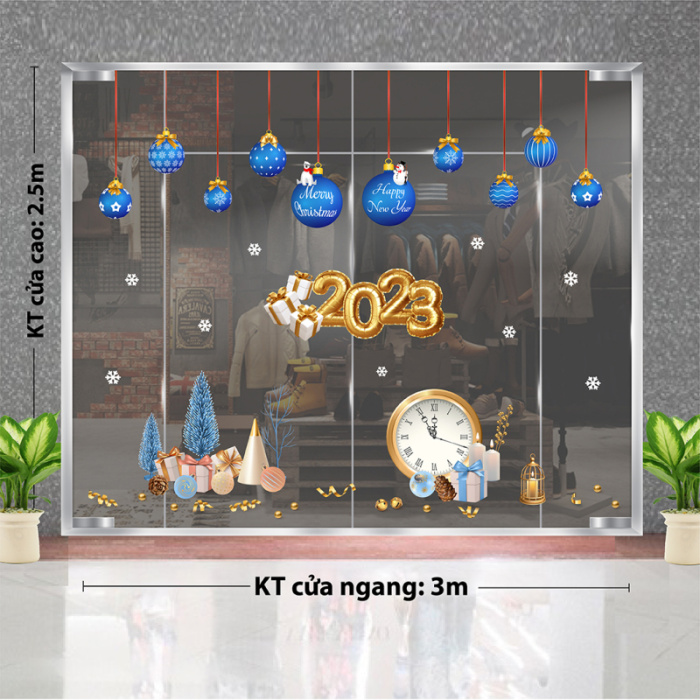 Decal dán tường Decal Noel - dây treo quả châu và đồng hồ