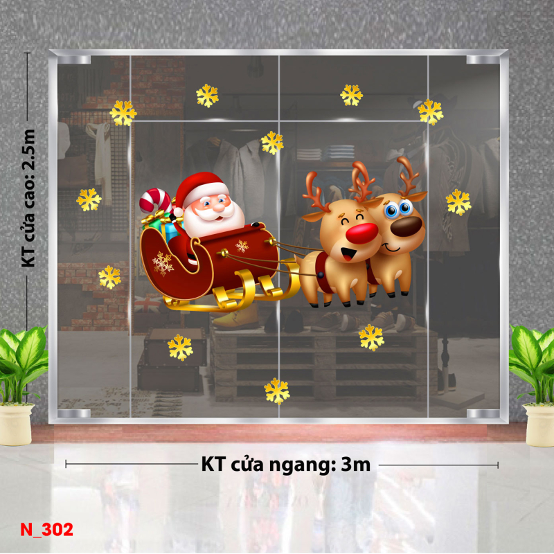 Decal dán tường Decal Noel - Đôi tuần lộc kéo xe ông già noel