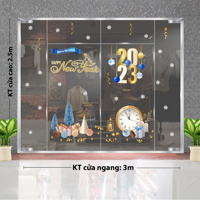 Decal dán tường Decal Noel - quả châu xanh và đồng hồ giáng sinh