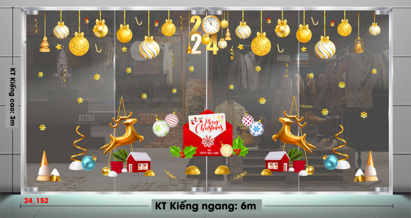 Decal dán tường Decal Noel- Hai tuần lộc vàng dưới dây treo quả châu vàng