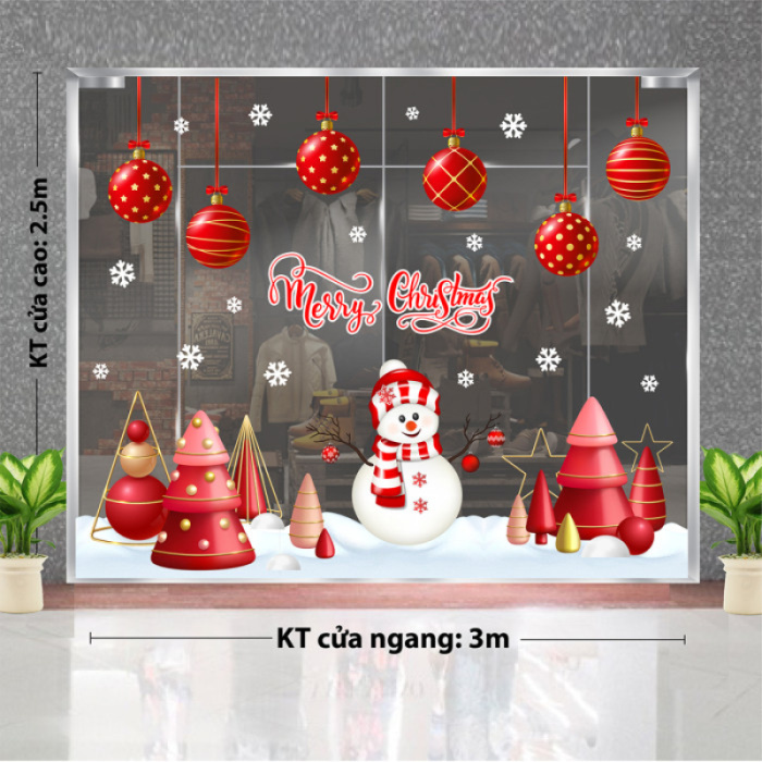 Decal dán tường Decal Noel -Người tuyết và những quả châu đỏ