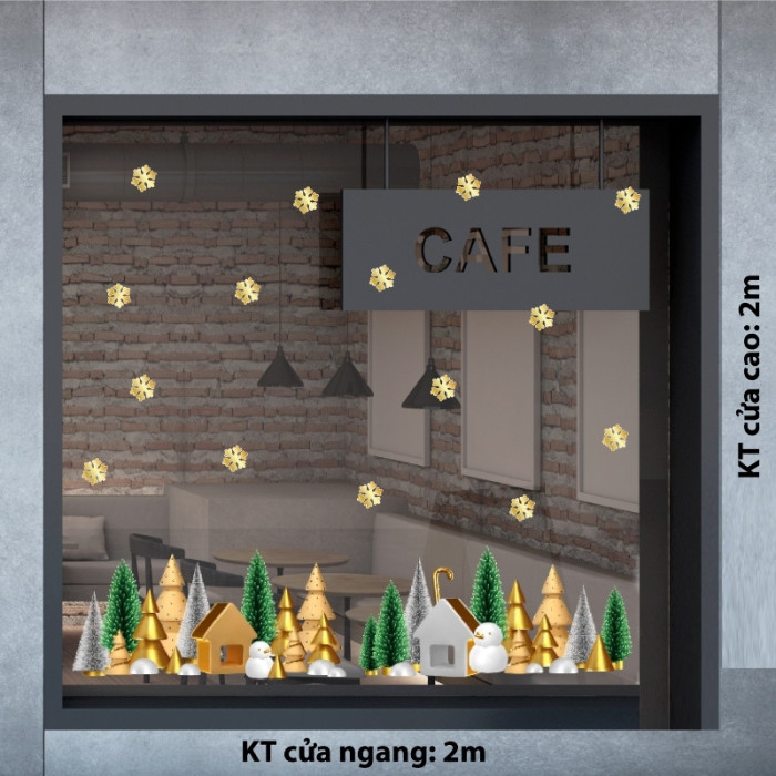 Decal dán tường Decal Noel-Làng thông và bông tuyết vàng