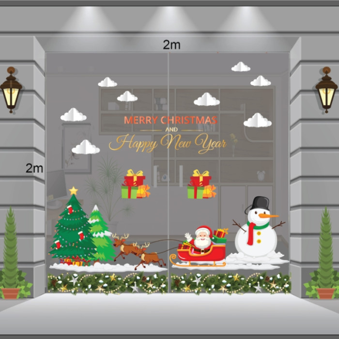Decal dán tường Noel-Ông già cỡi tuần lộc, bạn tuyết và cây thông
