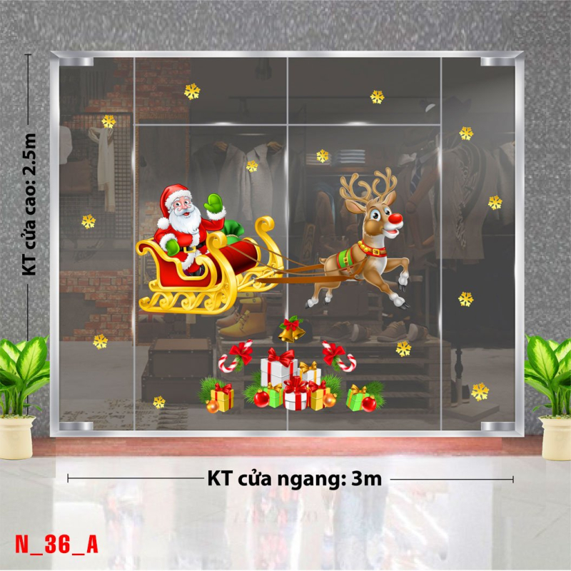 Decal dán tường Decal Noel -Tuần lộc kéo xe chở ông già noel