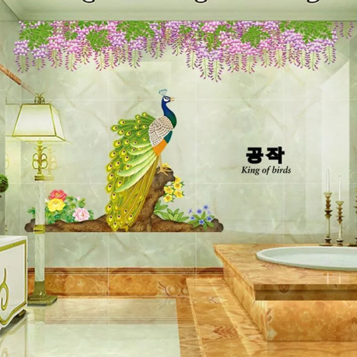 Decal dán tường Decal dán chim công dưới hoa, kiểu hàn quốc, dán tường sau tivi, tại TPHCM 【