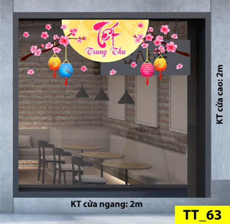 Decal dán tường Tết trung thu - Trăng  vàng và cành hoa