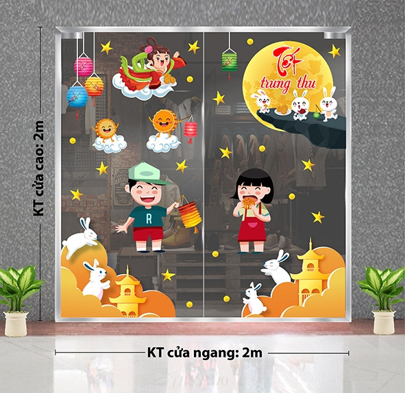Decal dán tường Tết trung thu -Ăn bánh dưới trăng vàng