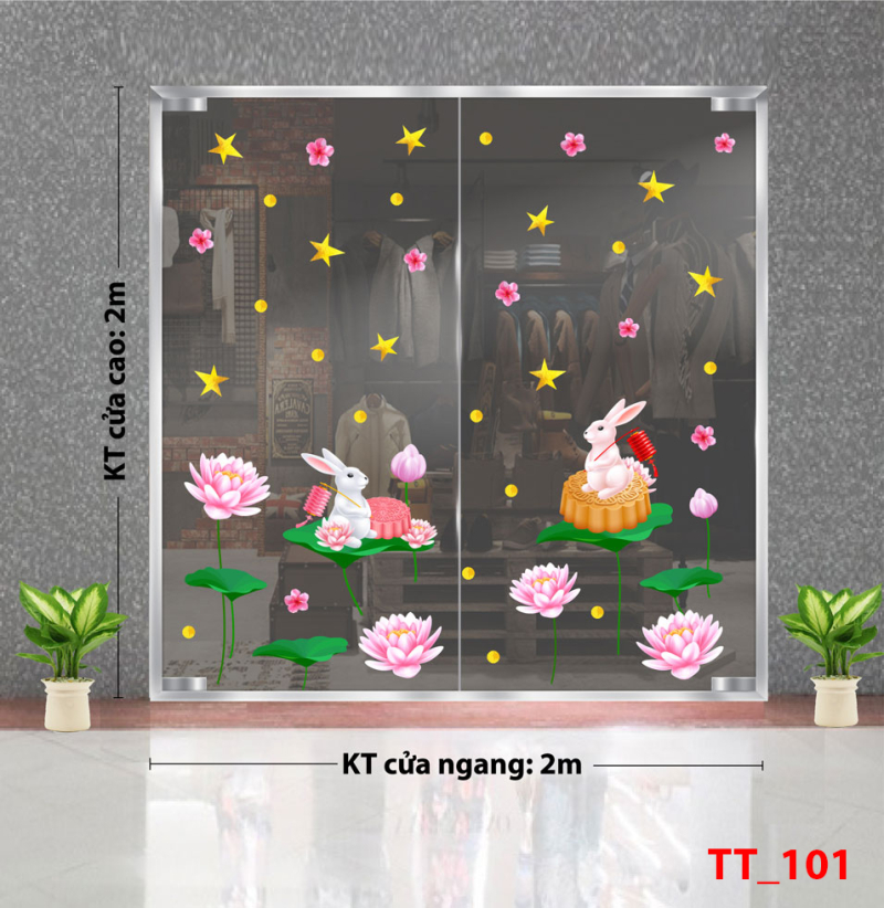 Decal dán tường Tết trung thu 101 - Thỏ và hoa sen