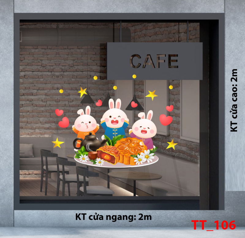 Decal dán tường Tết trung thu 106 - Ba chú thỏ bên mâm bánh