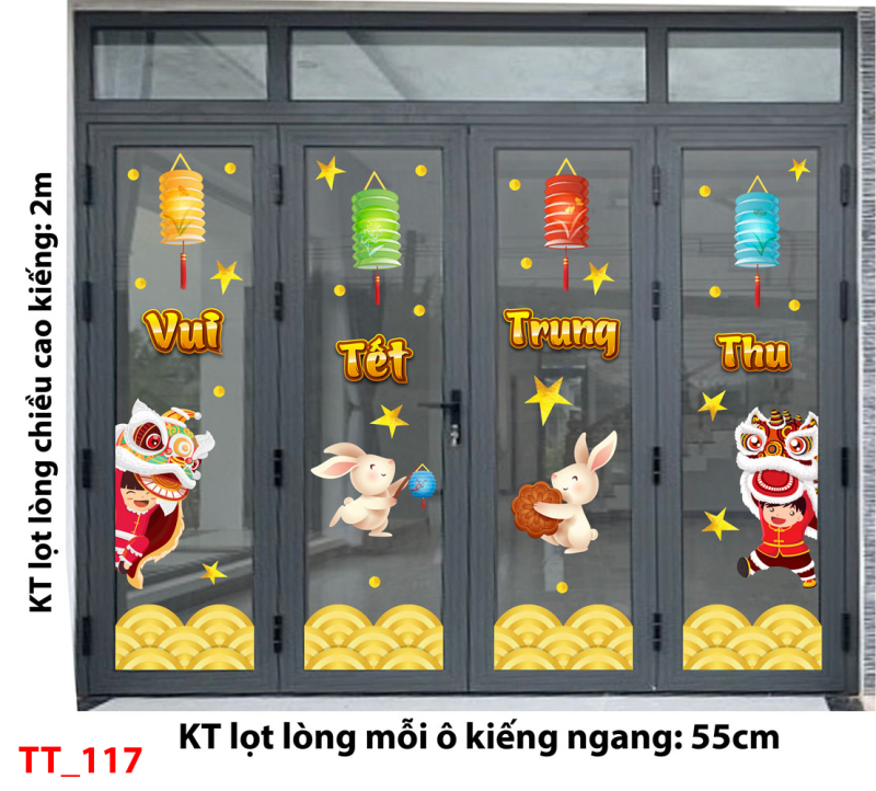 Decal dán tường Tết trung thu 117 -Bé vui trung thu cửa 4 cánh