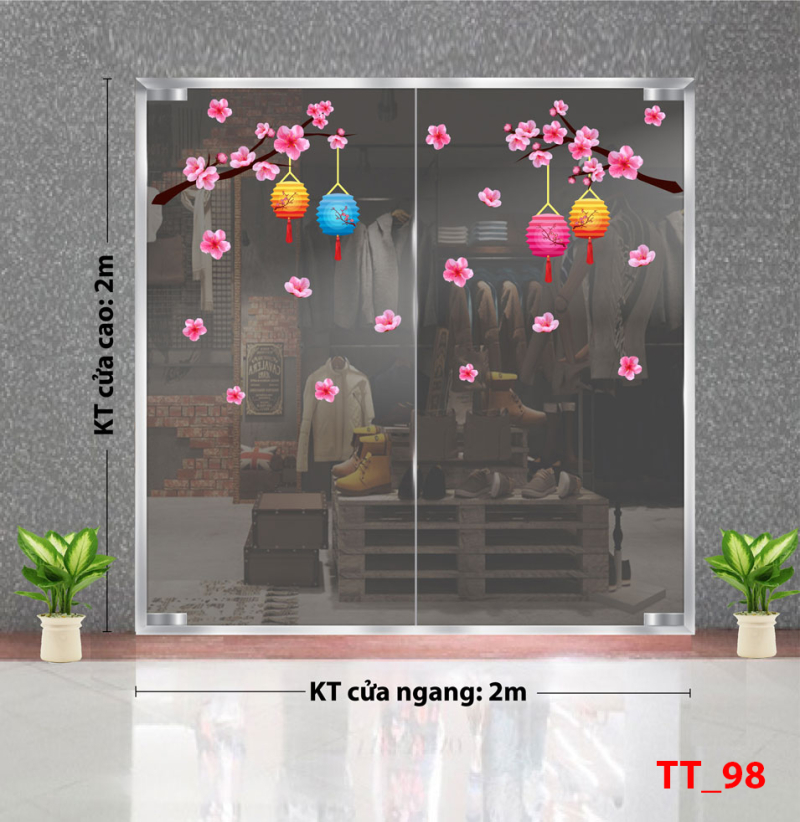 Decal dán tường Tết trung thu 98 - Hoa đào và lồng đèn