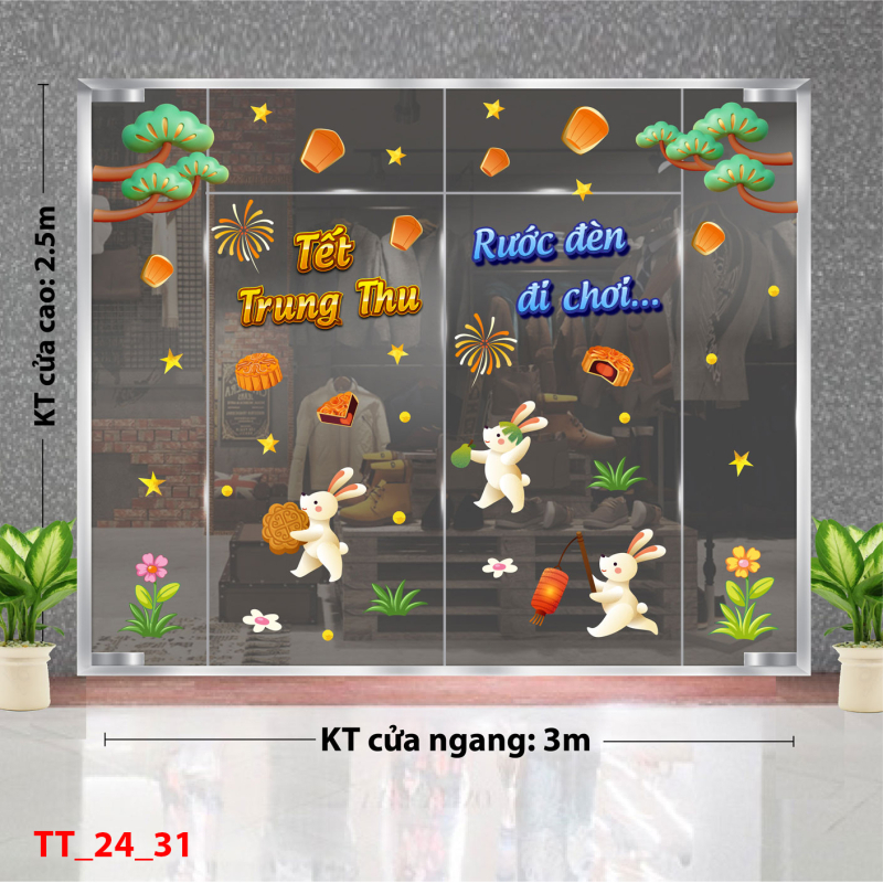 Decal dán tường Tết trung thu combo 31- Thỏ chơi lồng đèn