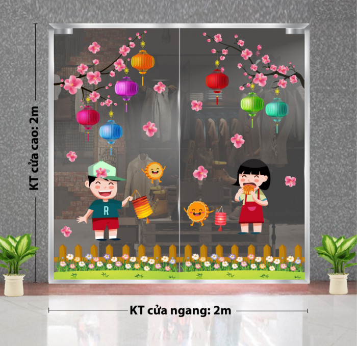 Decal dán tường Tết trung thu-Trai gái đốt đèn vui chơi