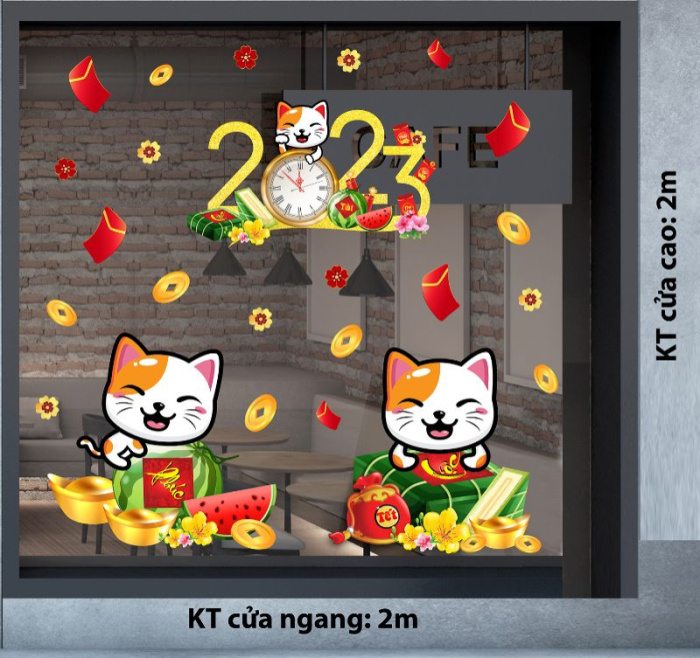 Decal dán tường Tết xuân - Mèo vui bên bánh chân dưa hấu