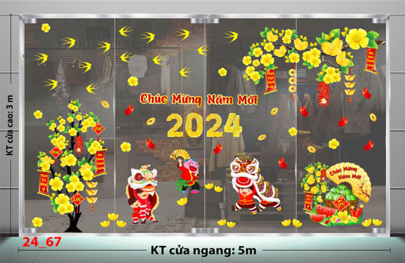 Decal dán tường Tết xuân - múa lân vui chúc tết