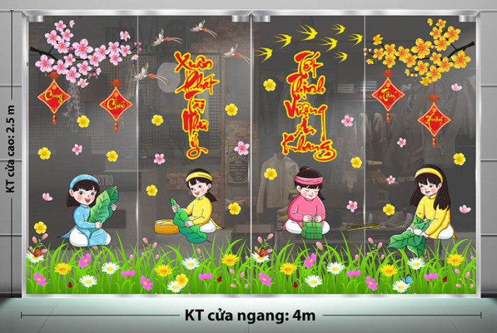 Decal dán tường Tết xuân -Chị em gói bánh ngày tết