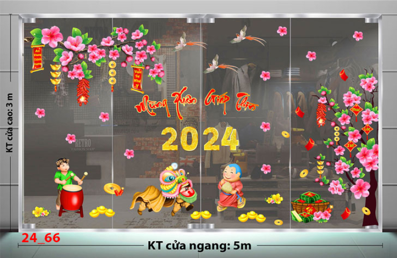 Decal dán tường Tết xuân -Đánh trống múa lân dưới hoa đào