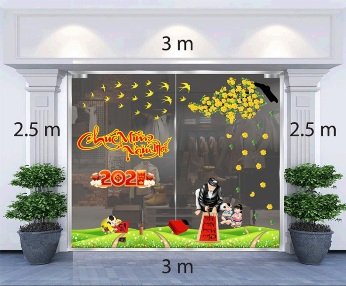 Decal dán tường Tết xuân 2021-Ông đồ viết chữ dưới hoa mai