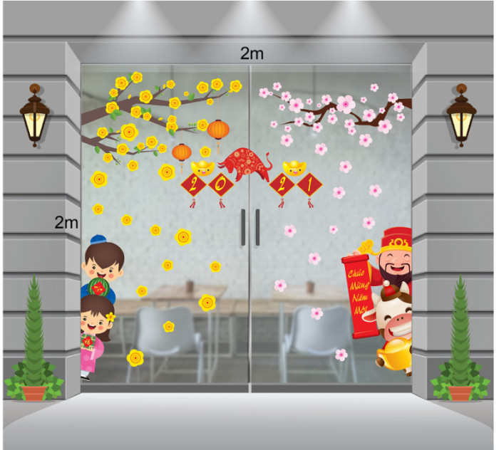 Decal dán tường Tết xuân -Thần tài Trâu vàng vui mừng đón xuân cùng thiếu nhi