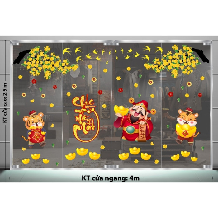 Decal dán tường Tết xuân-Thần tài chúc cọp vàng dưới mai vàng