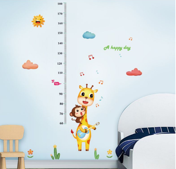 Decal dán tường Decal dán thước đo chiều cao hươu khỉ, chi tiết rời, dán phòng bé, tại TPHCM