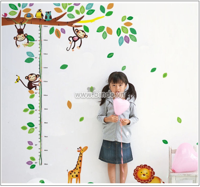 Decal dán tường Decal thước đo chiều cao cho bé hình cây, khỉ vui nhộn 