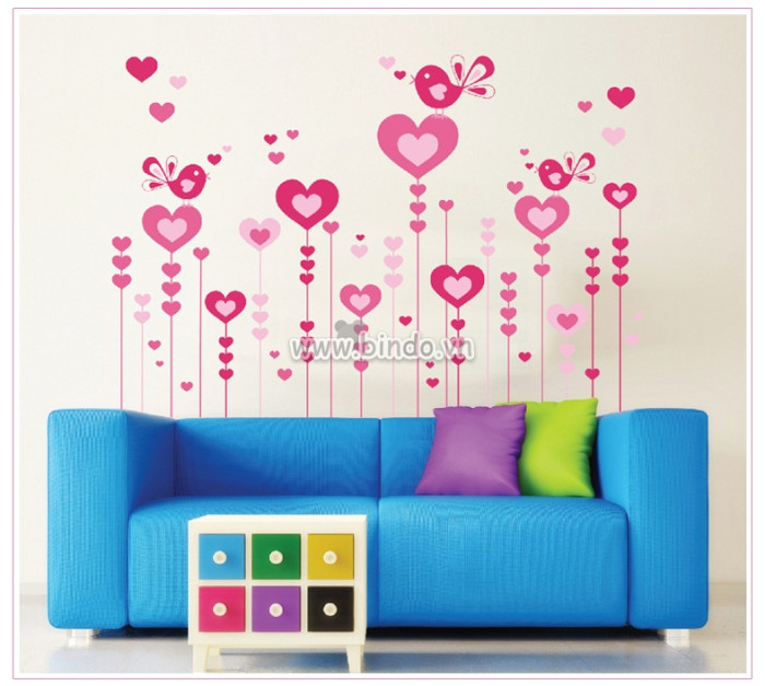 Decal dán tường Decal dán trái tim hồng và chim non, kiểu hàn quốc, trang trí phòng ngủ, phòng khách đẹp, giá rẻ TPHCM