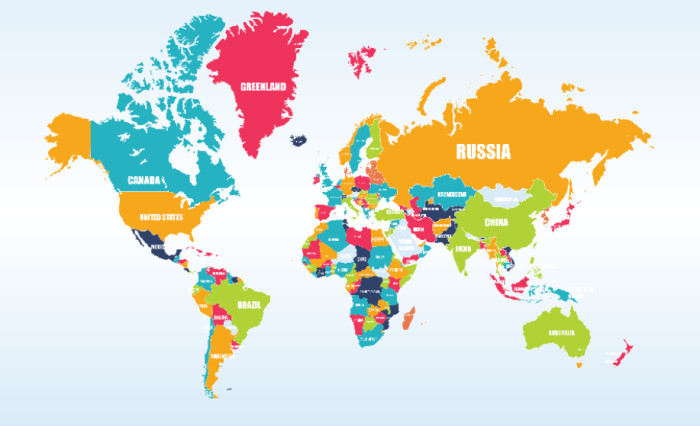 Tranh bản đồ thế giới dán tường nhiều màu đơn có tên nước