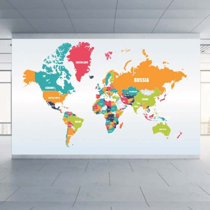 Tranh bản đồ thế giới dán tường nhiều màu đơn có tên nước