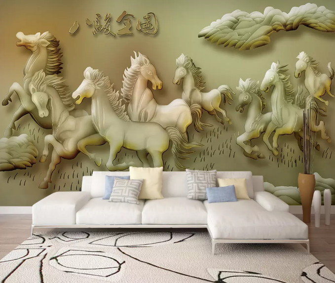 Tranh dán tường 3D ngựa mã đáo thành công giả ngọc màu trắng dán tường phòng khách, phòng sếp đẹp