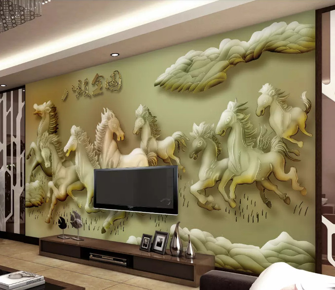 Tranh dán tường 3D ngựa mã đáo thành công giả ngọc màu trắng dán tường phòng khách, phòng sếp đẹp