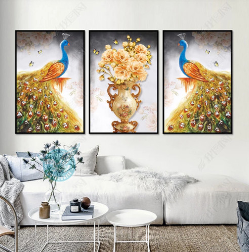 Tranh bộ 3 chim công ngủ sắc và lọ hoa