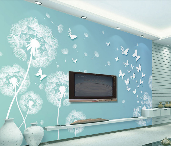 Tranh bồ công anh trắng nền xanh và đán bướm dán tường phòng khách đẹp nhất