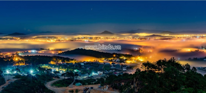 Tranh cảnh thành phố Đà Lạt trong đêm sương mù huyền diệu