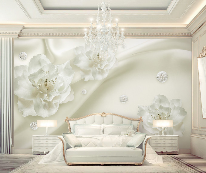 Tranh dán phòng khách hoa hồng trắng 3D