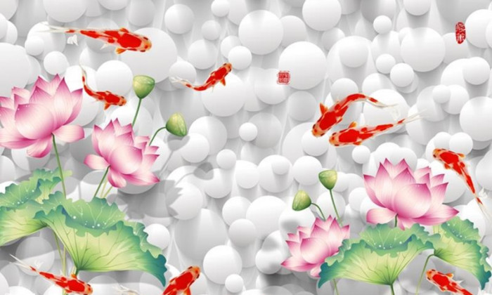 Tranh dán tường 3d hoa sen hồng và đàn cá chép bơi
